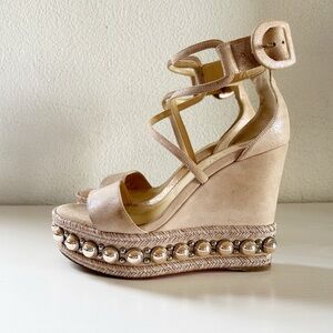 Christian Louboutin Chocazeppa Dusty Pink Suede Wedge Sandals Studded Size EU 37